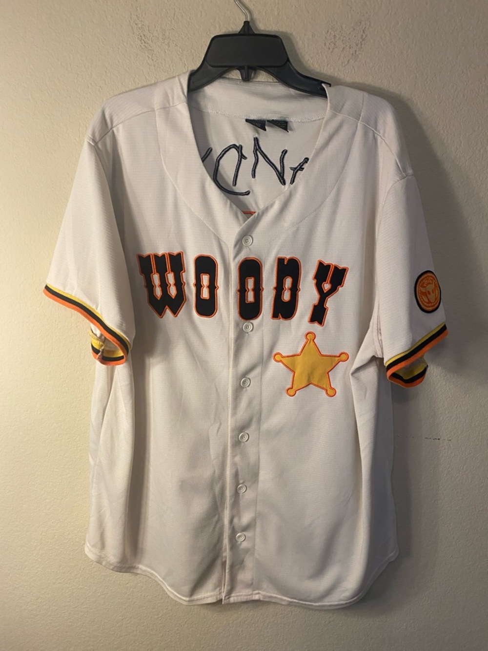 Disney White Woody Button-Down Jersey with Yellow Sheriff Star